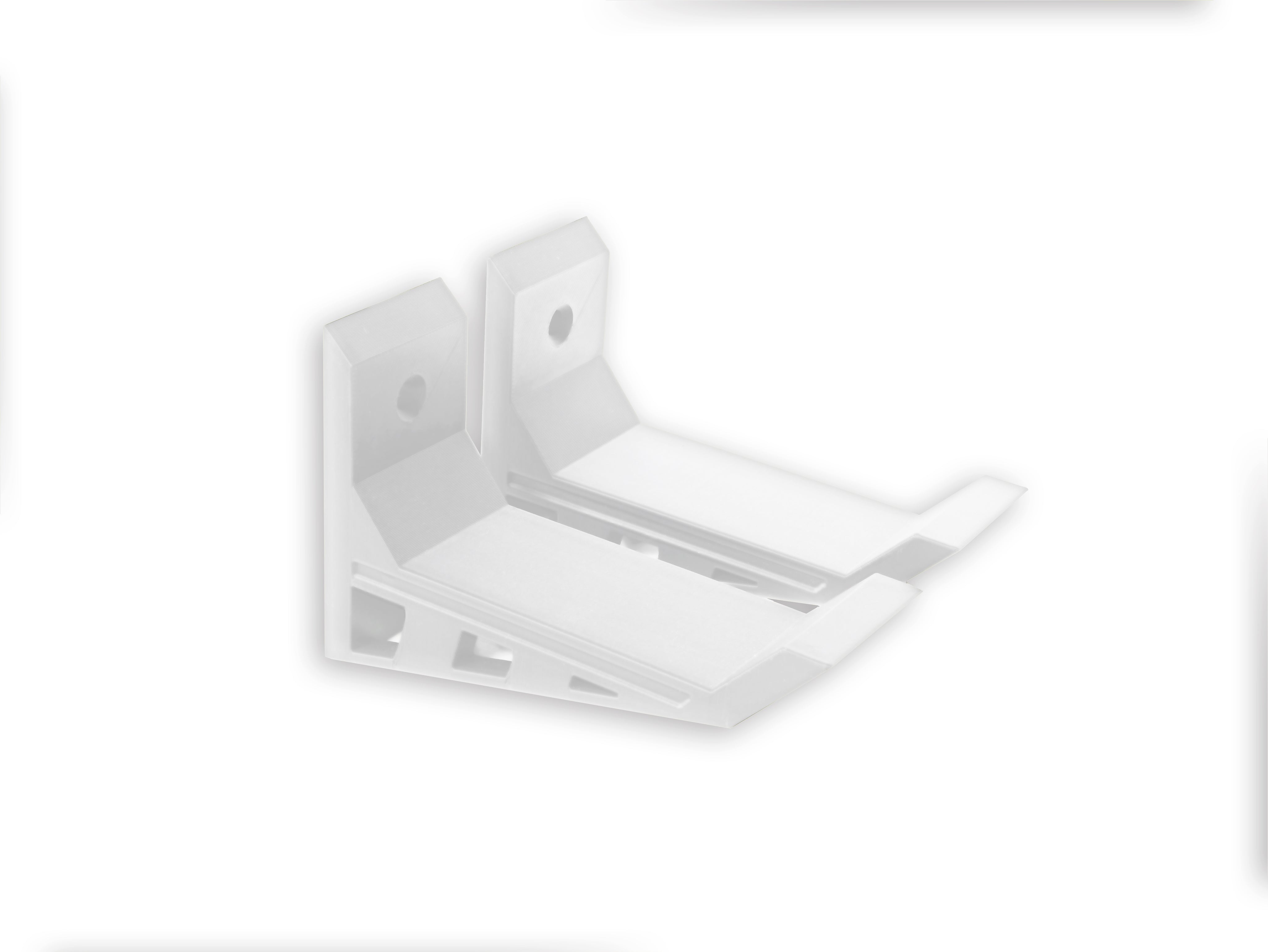 A pair of white, Nerf wall mounts, Screw in and adhesive install,  close-up on drywall